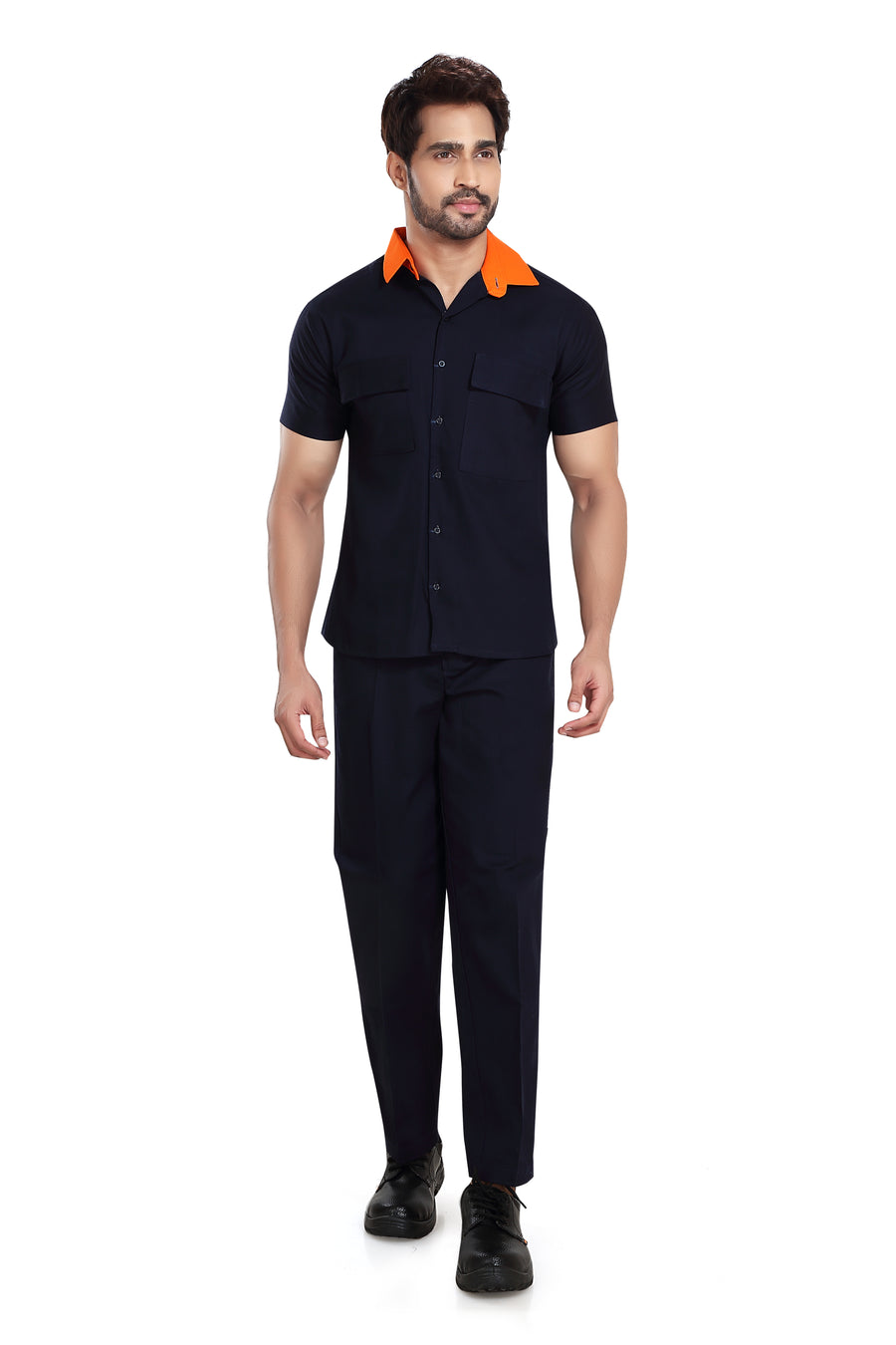 Industrial Worker Uniform – Navy Blue with Orange Collar, Half Sleeve - Front