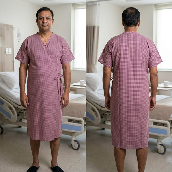 Maroon check wrap patient gown – front and back
