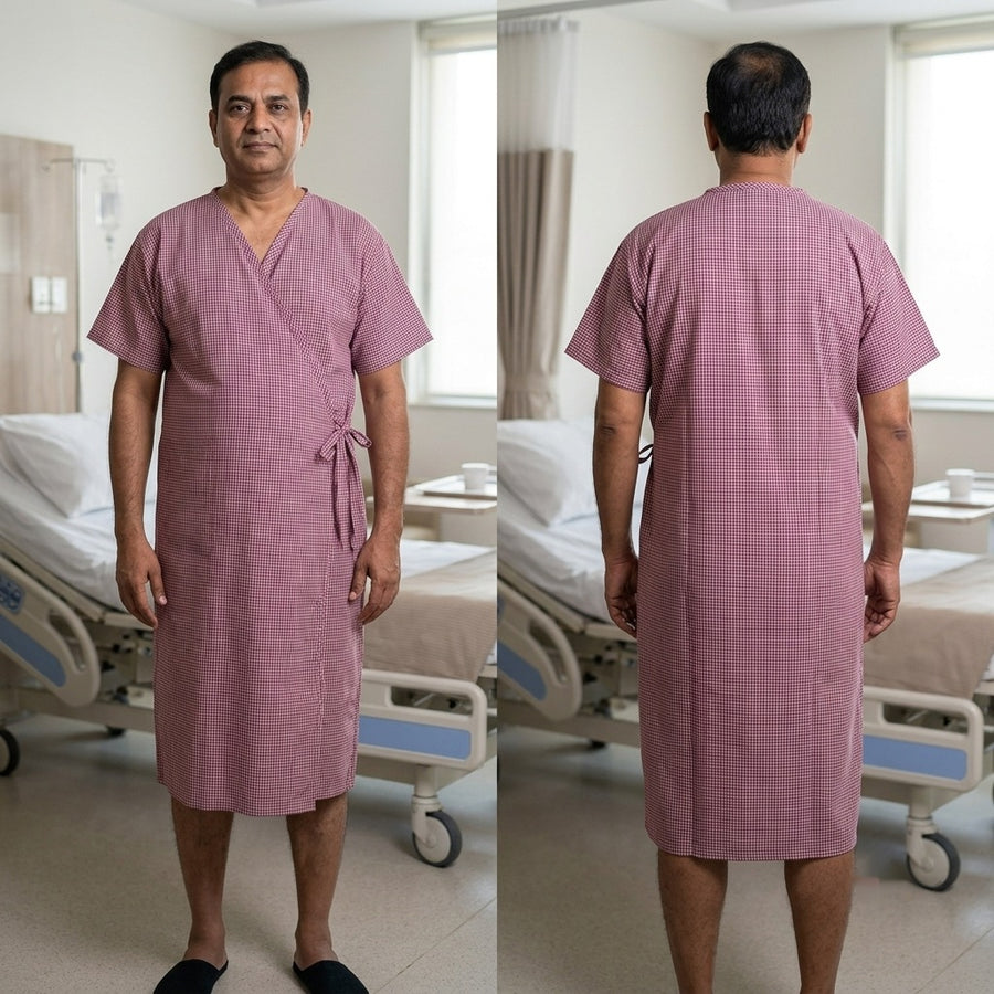 Patient Gown – Maroon Check, Wrap Style with Side Tie - Back
