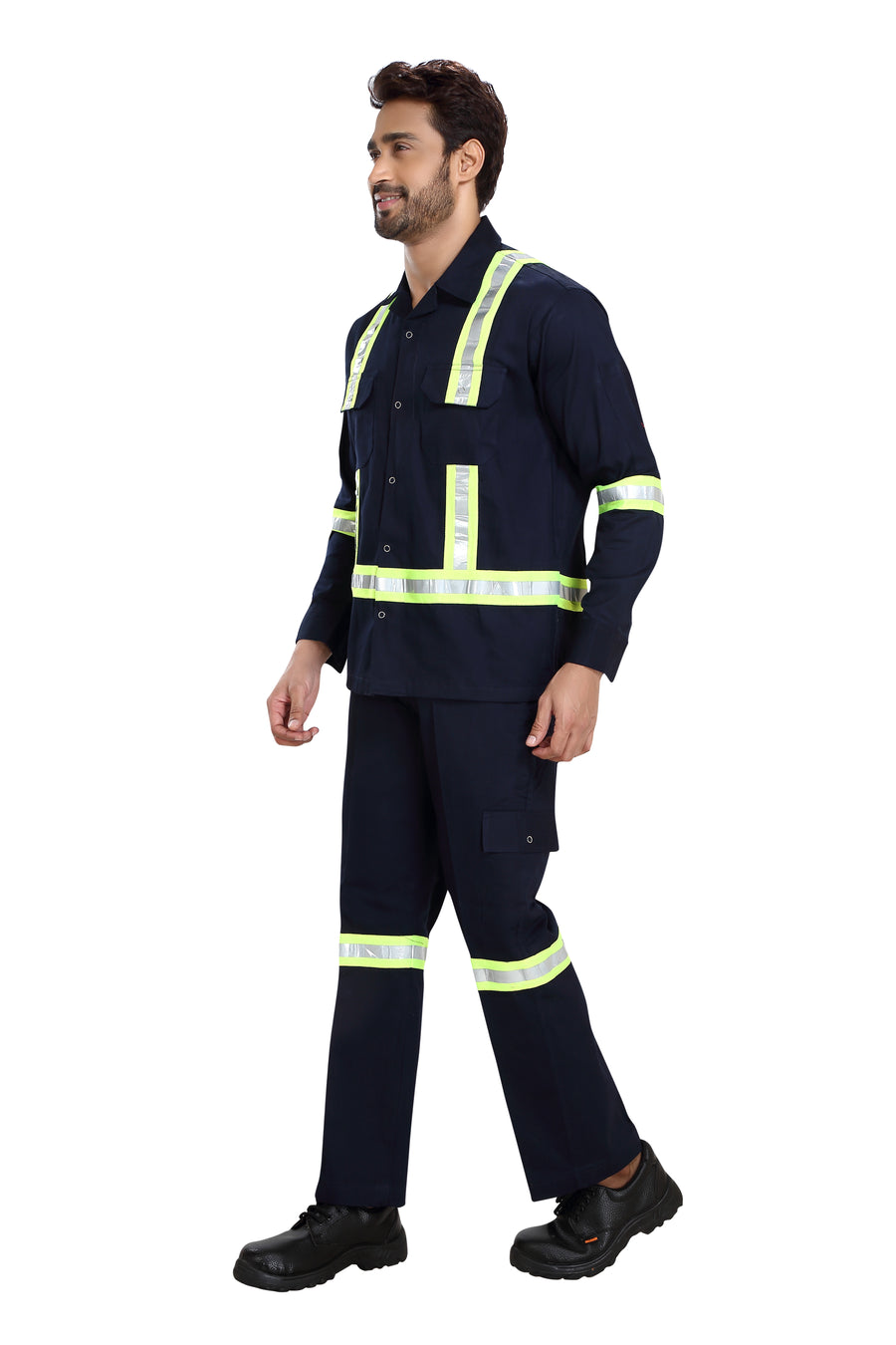 Boiler Pant Shirt Set – Navy Blue, Green Reflective Tape - Left Sleeve