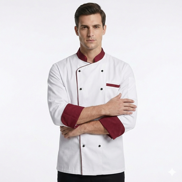 White & Maroon chef coat – view 2