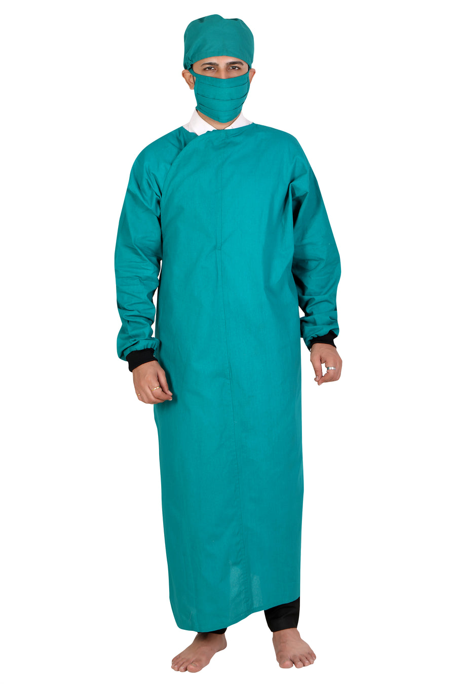 Men's Overlap OT Gown Set – Surgical Green, with Cap & Mask - Front