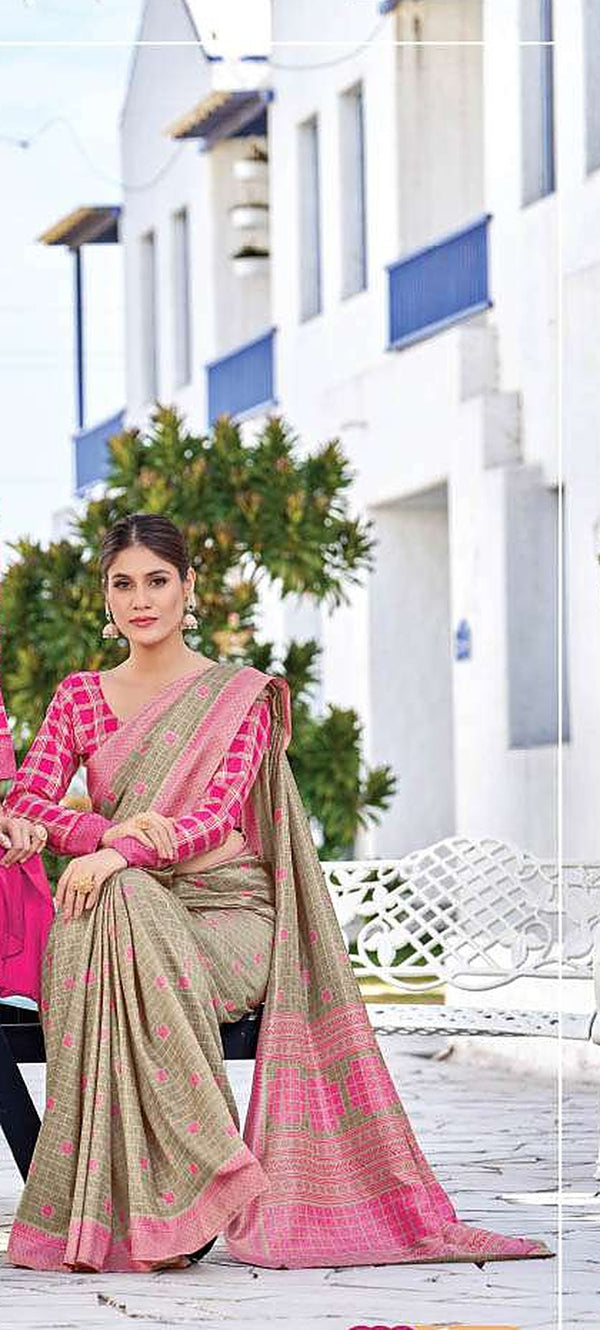 Beige check uniform saree with blouse piece - D.No 6009