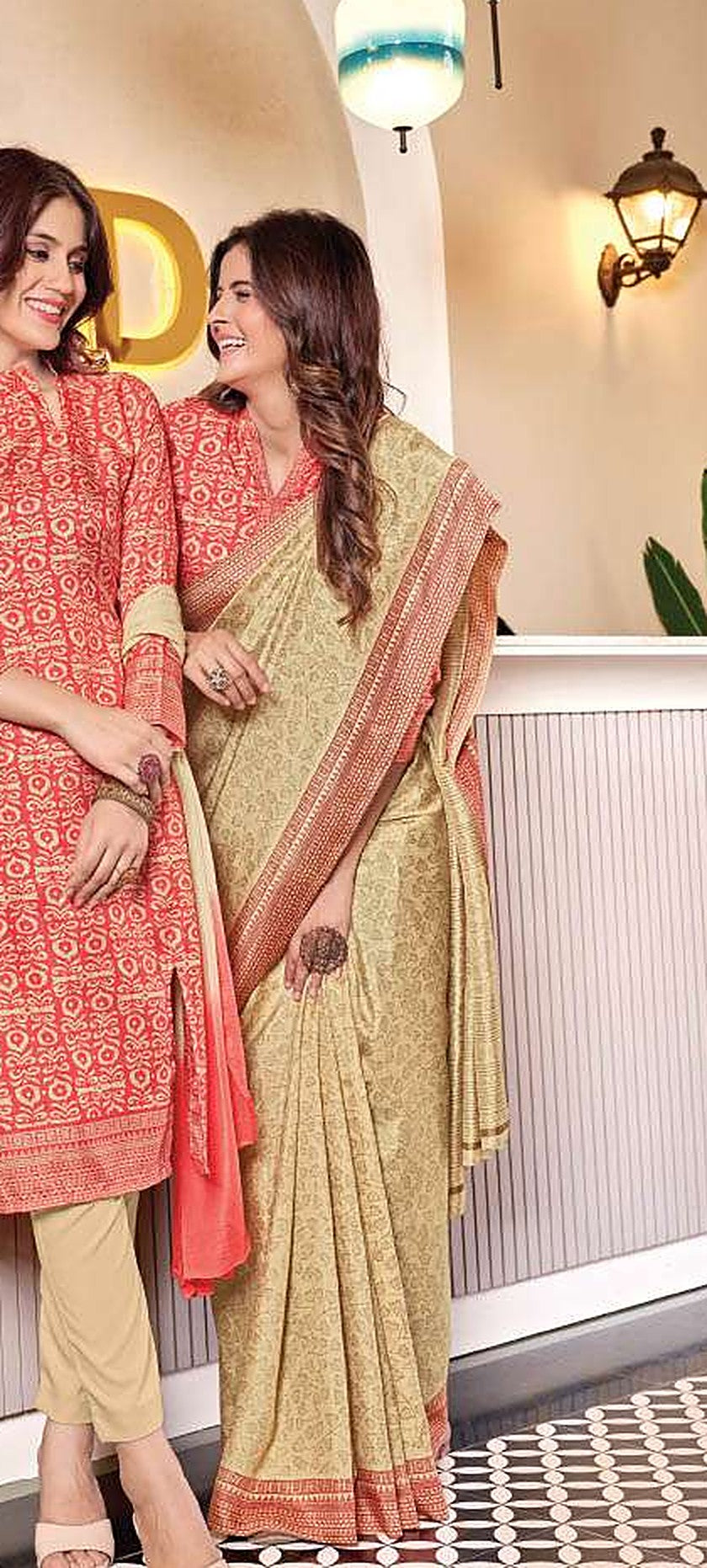 Women's Nova Silk Uniform Saree & Suit – Coral & Beige - Back
