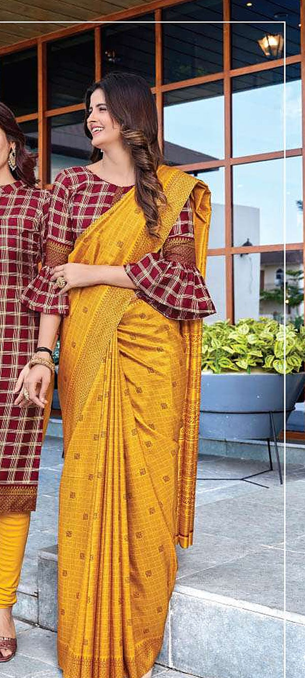 Mustard uniform saree with blouse piece - D.No 6010