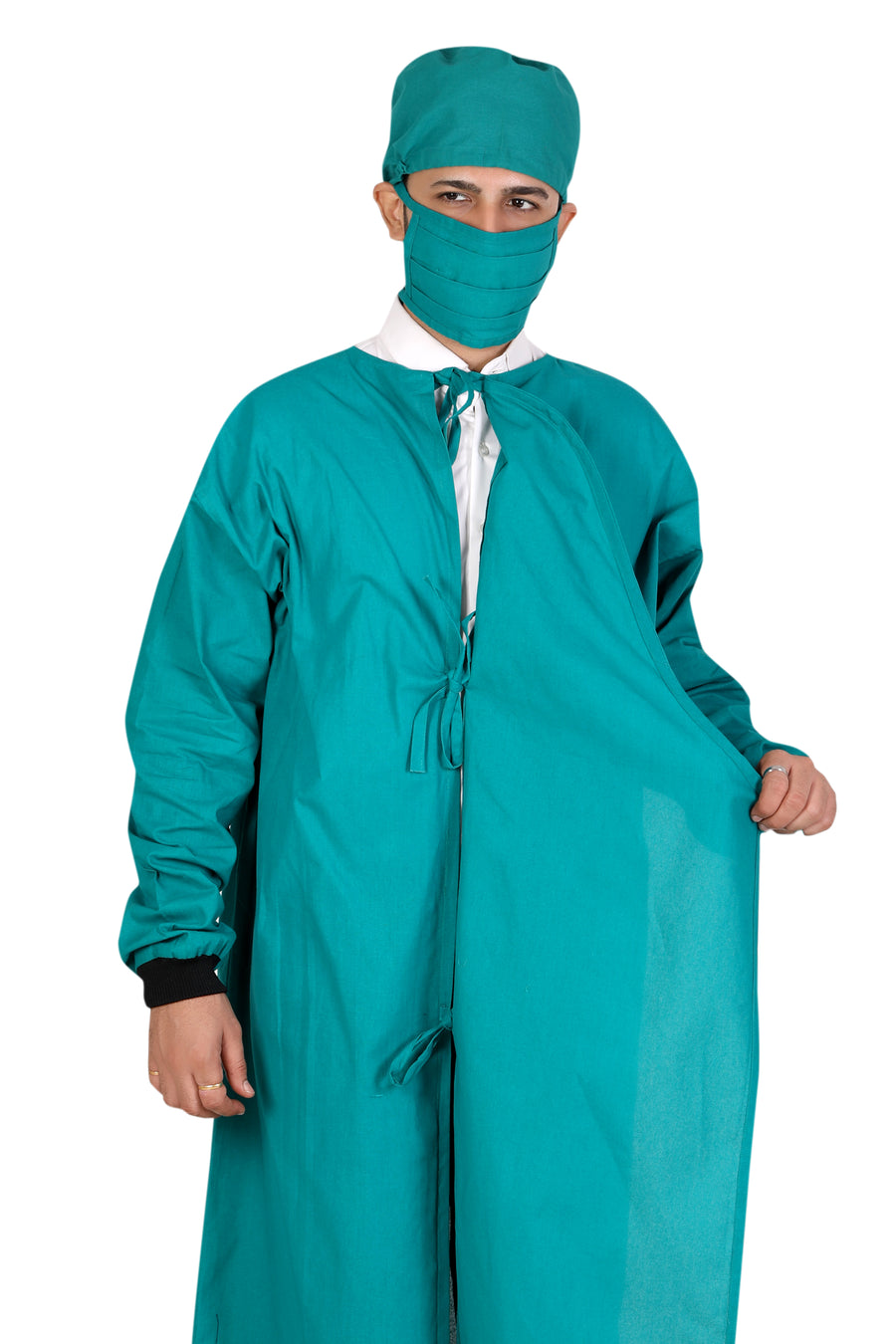 Men's Overlap OT Gown Set – Surgical Green, with Cap & Mask - Right Sleeve
