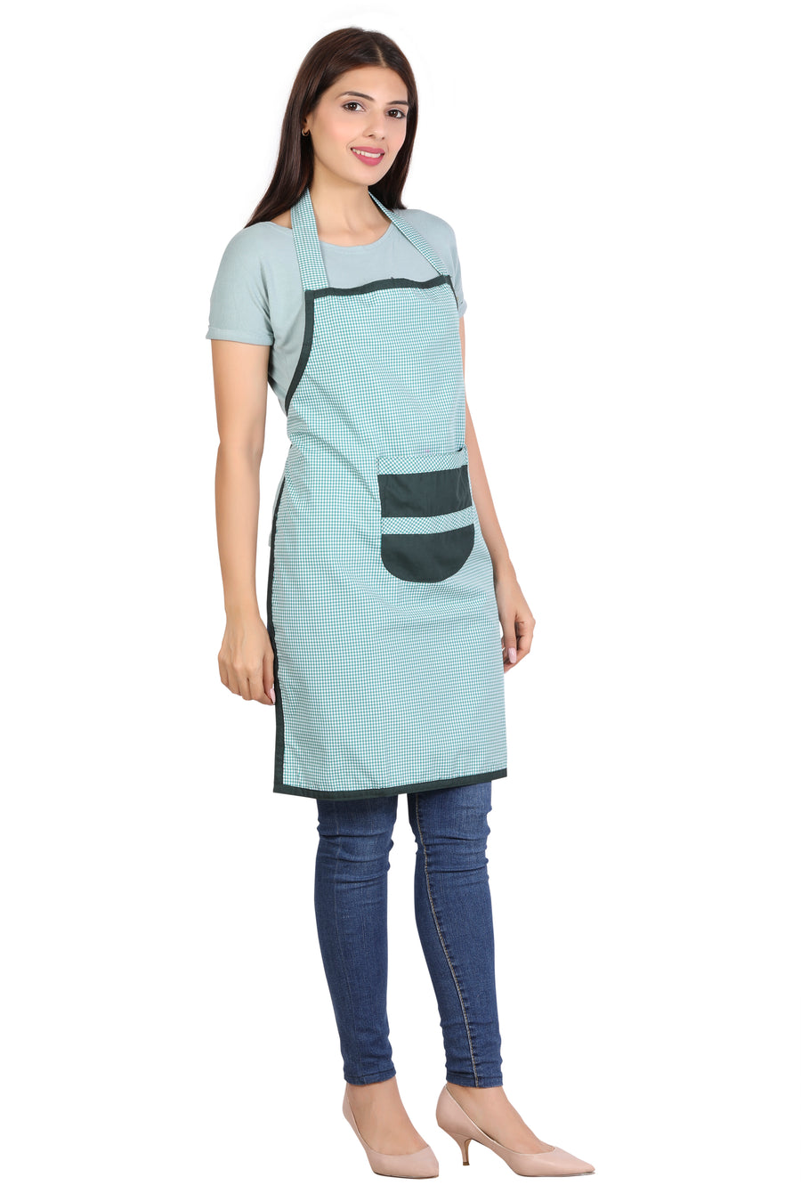 Full Kitchen Apron – Mint Green Checks - Back