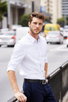 White anti-stain office shirt worn outdoors