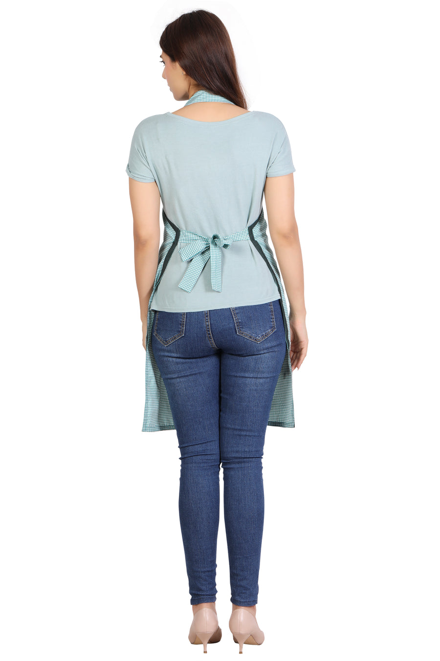 Full Kitchen Apron – Mint Green Checks - Left Sleeve