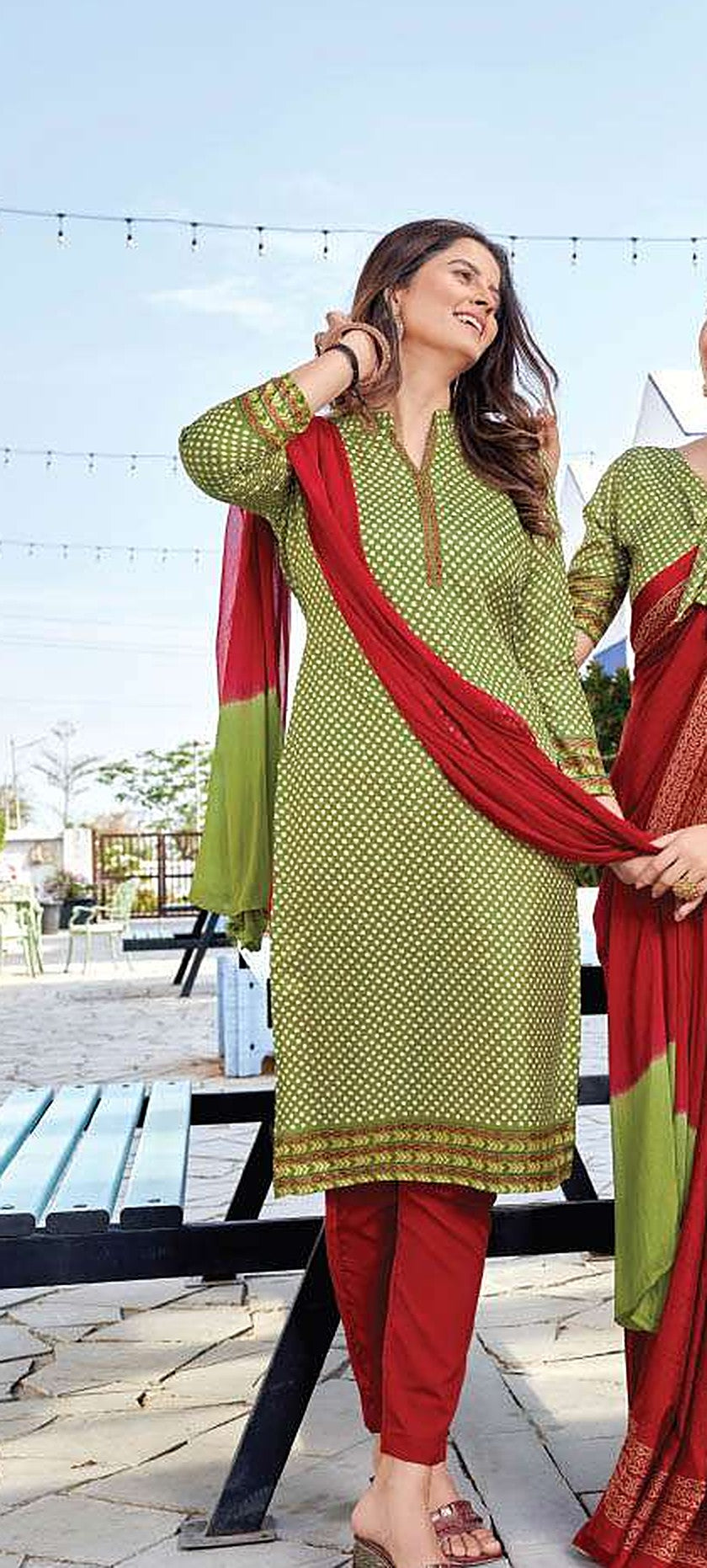 Women's Nova Silk Uniform Saree & Suit – Olive Green & Red - Left Sleeve