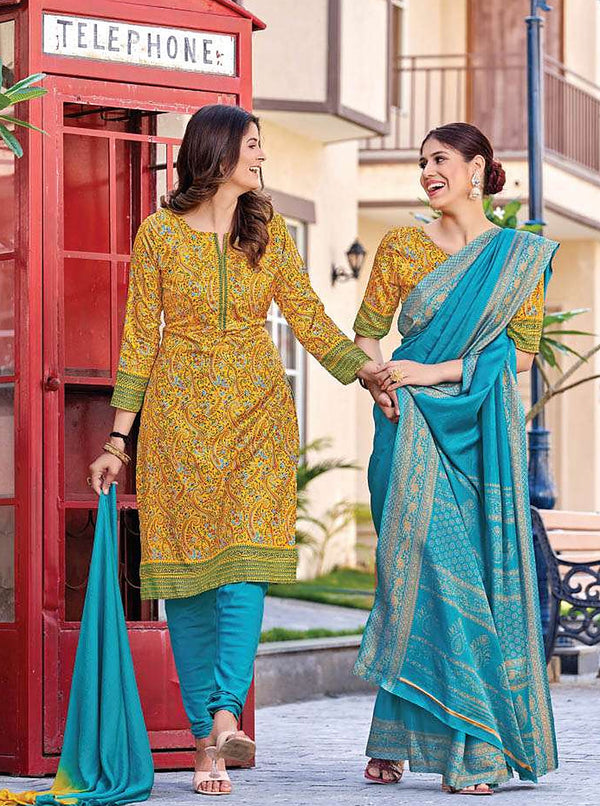 Women's Nova Silk uniform saree and suit pair - Yellow & Teal (D.No 6002)