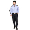 Security guard in dark blue pant and sky blue shirt – full look