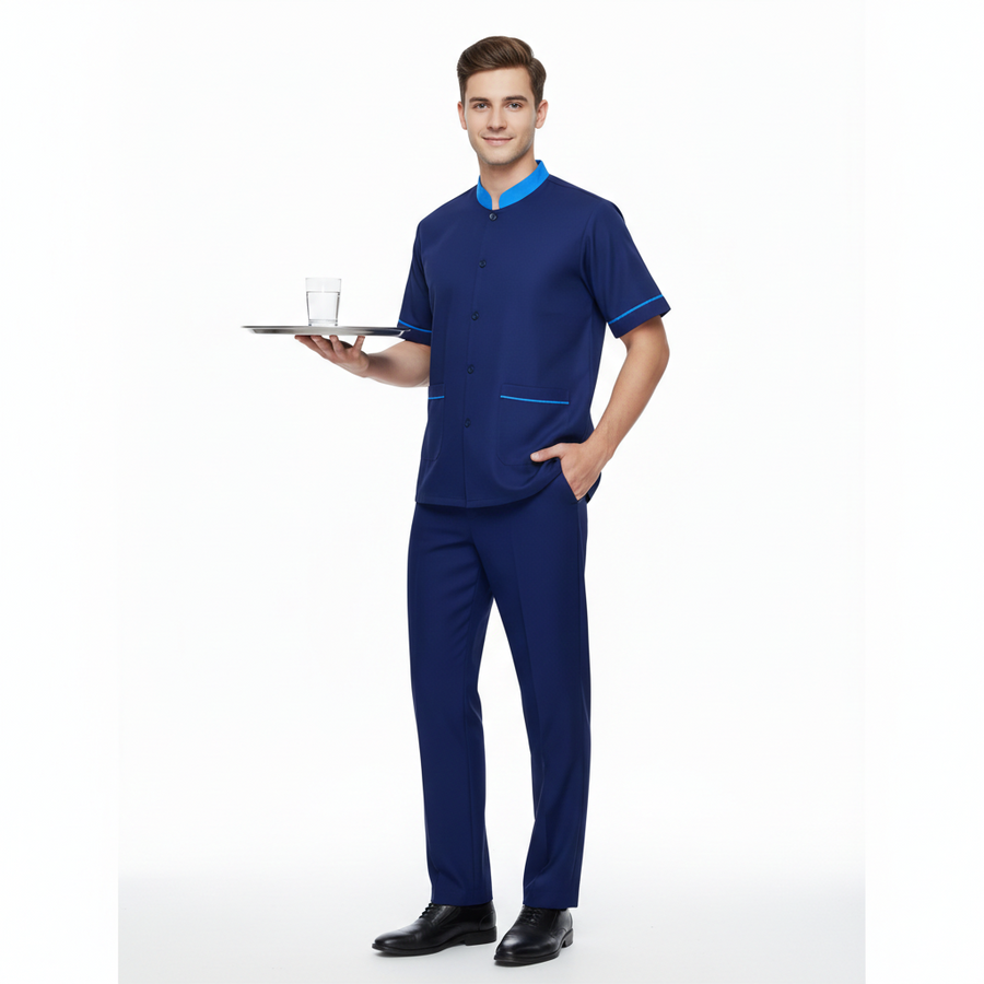 Half Sleeve Waiter Uniform – Navy Blue & Sky Blue - Back