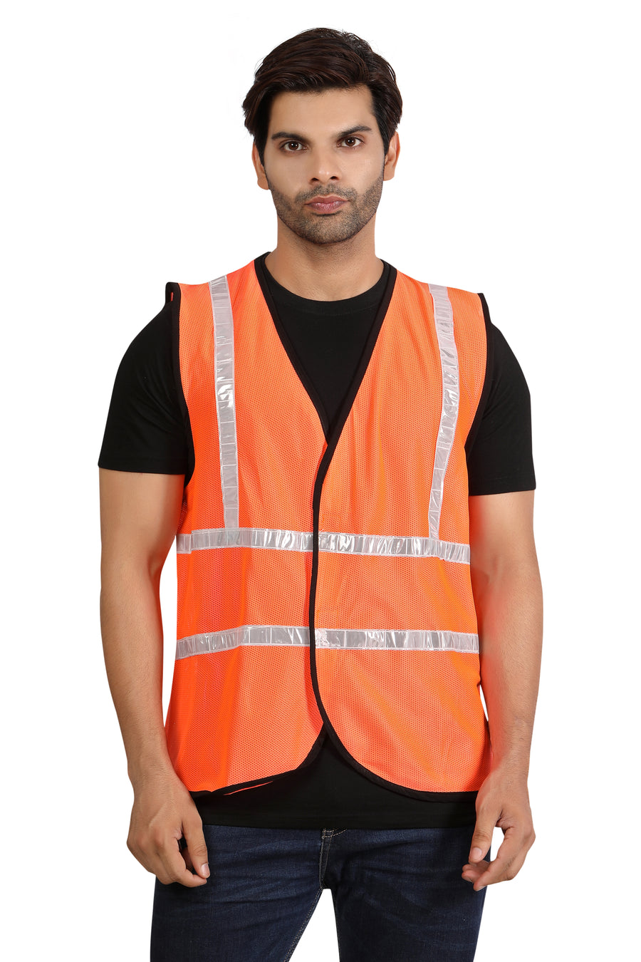 Reflective Safety Jacket – Orange, 1 Inch Tape, Net Vest with Zip - Left Sleeve