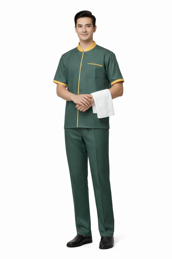 Half Sleeve Waiter Uniform – Dark Green & Mustard – view 1