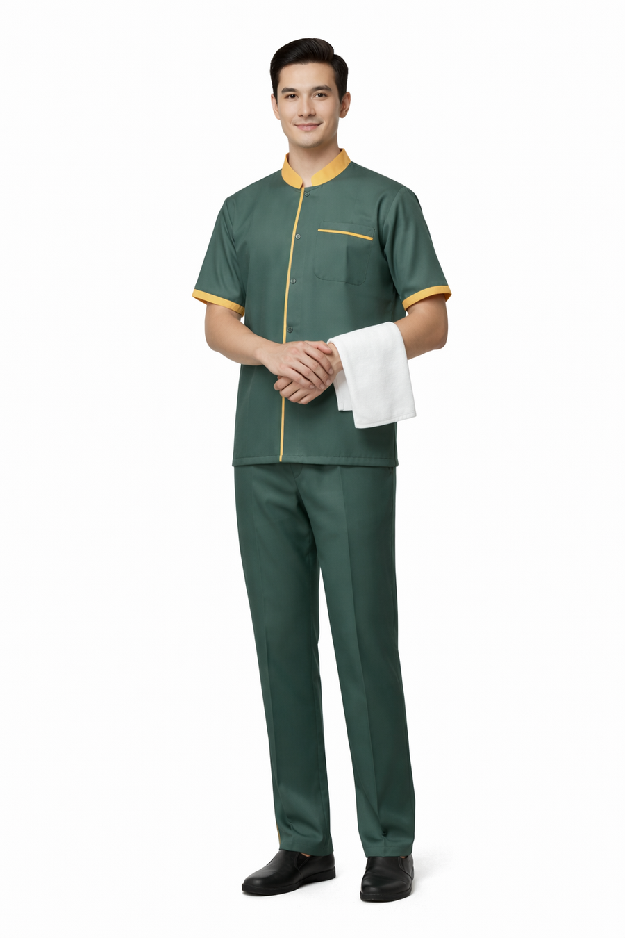 Half Sleeve Waiter Uniform – Dark Green & Mustard - Front