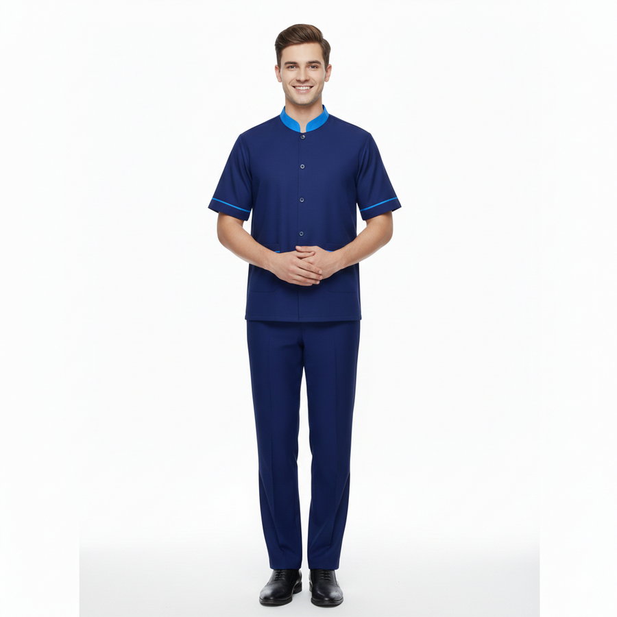 Half Sleeve Waiter Uniform – Navy Blue & Sky Blue - Front