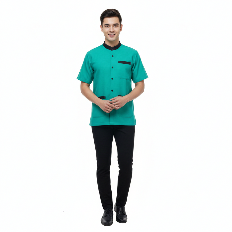 Half Sleeve Waiter Uniform – Teal Green & Black - Front
