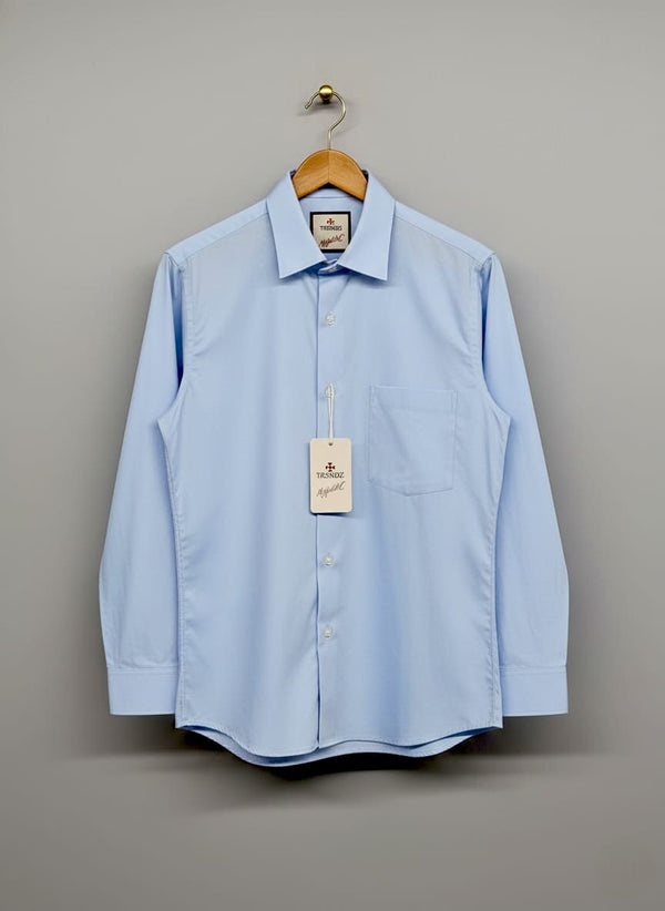 Surf blue men's anti-stain formal shirt on hanger