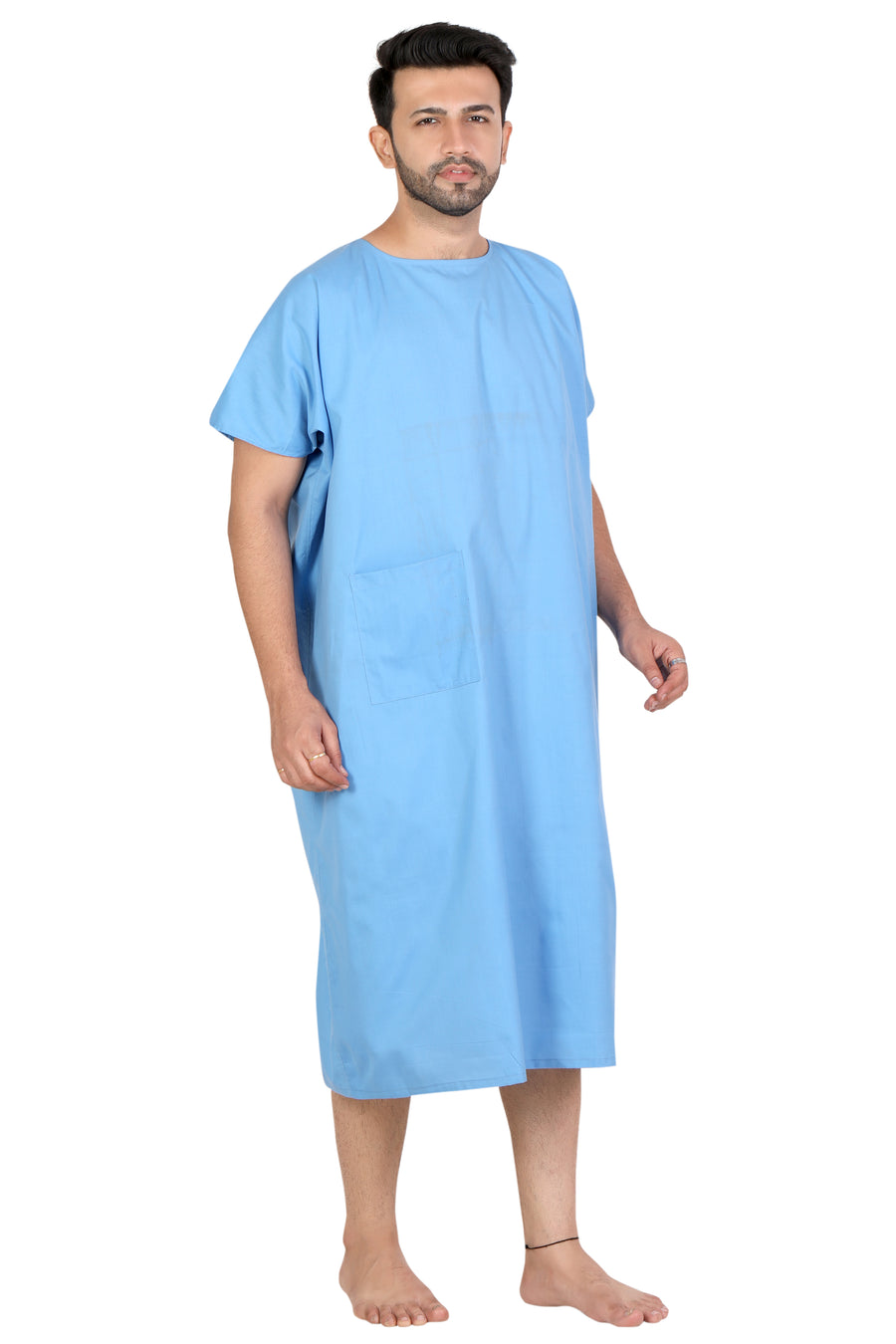 Men's Patient Gown – Sky Blue, Back Tie with Pocket - Right Sleeve