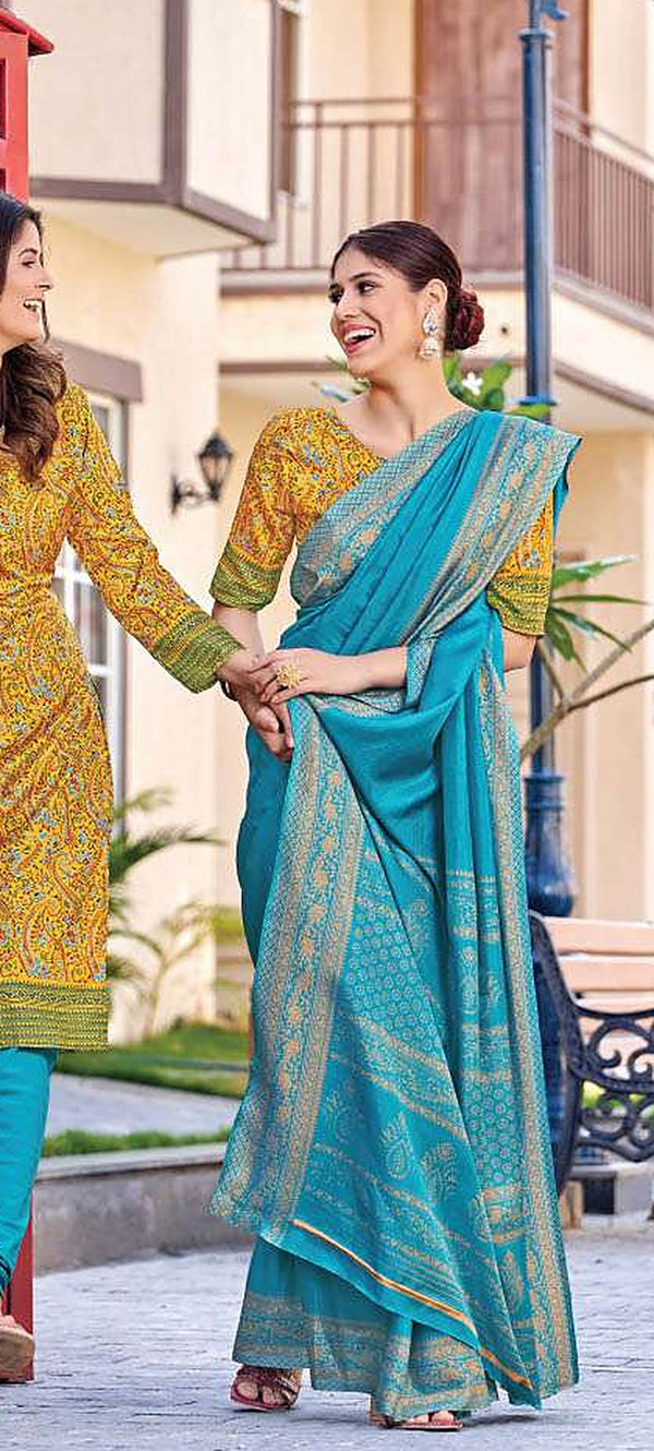 Teal uniform saree with blouse piece - D.No 6002