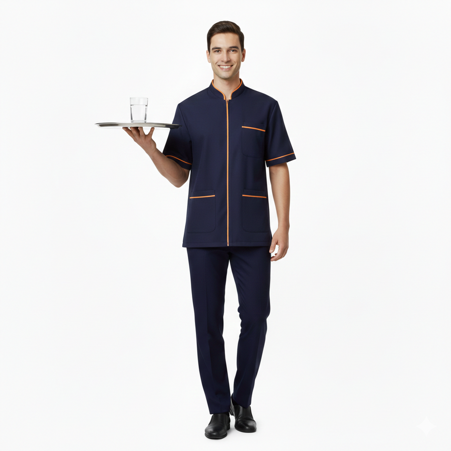 Half Sleeve Waiter Uniform – Navy Blue & Orange - Back