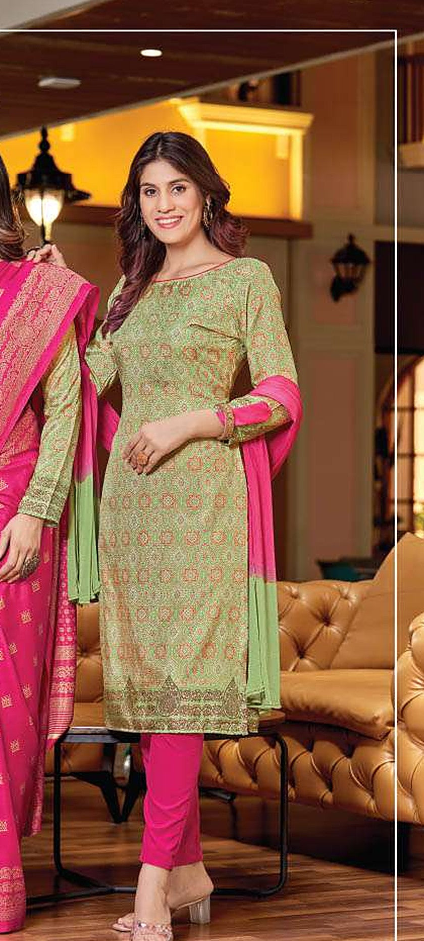 Women's Nova Silk Uniform Saree & Suit – Pista Green & Rani Pink - Left Sleeve