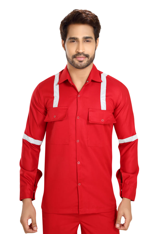 Boiler Pant Shirt Set – Red, Grey Reflective Tape – shirt close-up