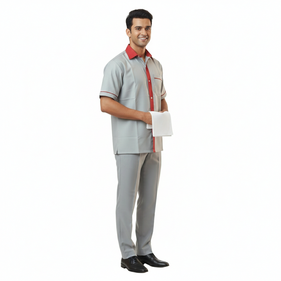 Half Sleeve Waiter Uniform – Grey & Red - Front