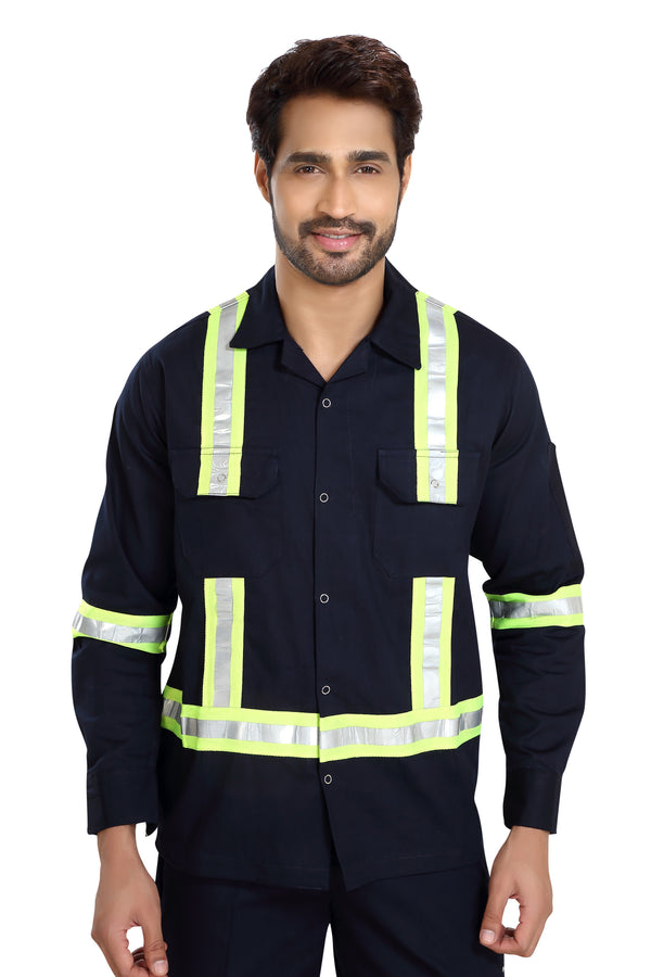 Boiler Pant Shirt Set – Navy Blue, Green Reflective Tape – shirt close-up