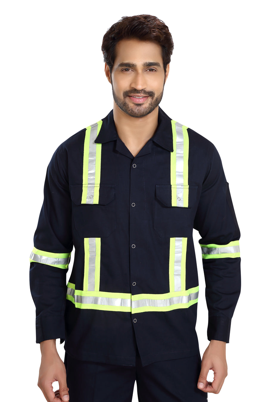 Boiler Pant Shirt Set – Navy Blue, Green Reflective Tape - Back