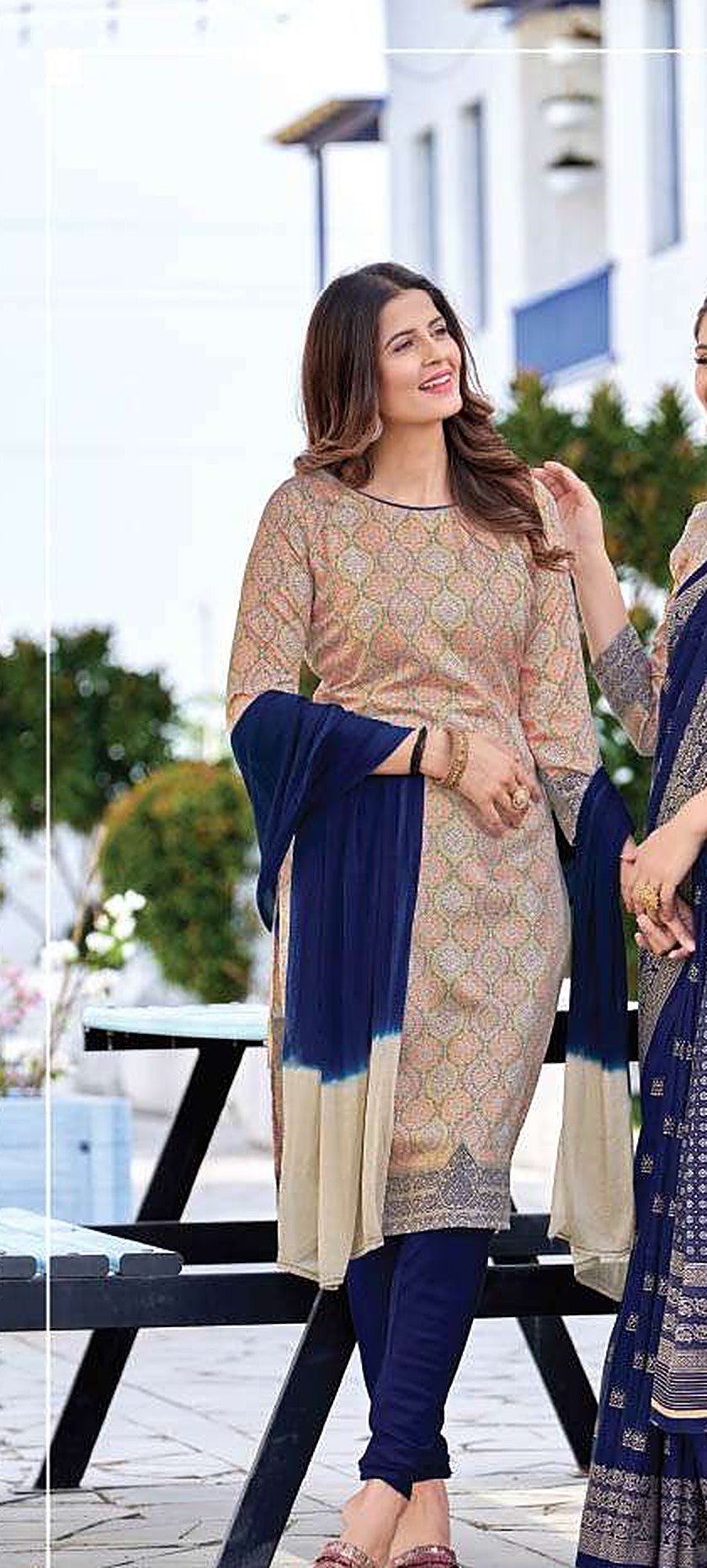 Women's Nova Silk Uniform Saree & Suit – Beige & Navy - Left Sleeve