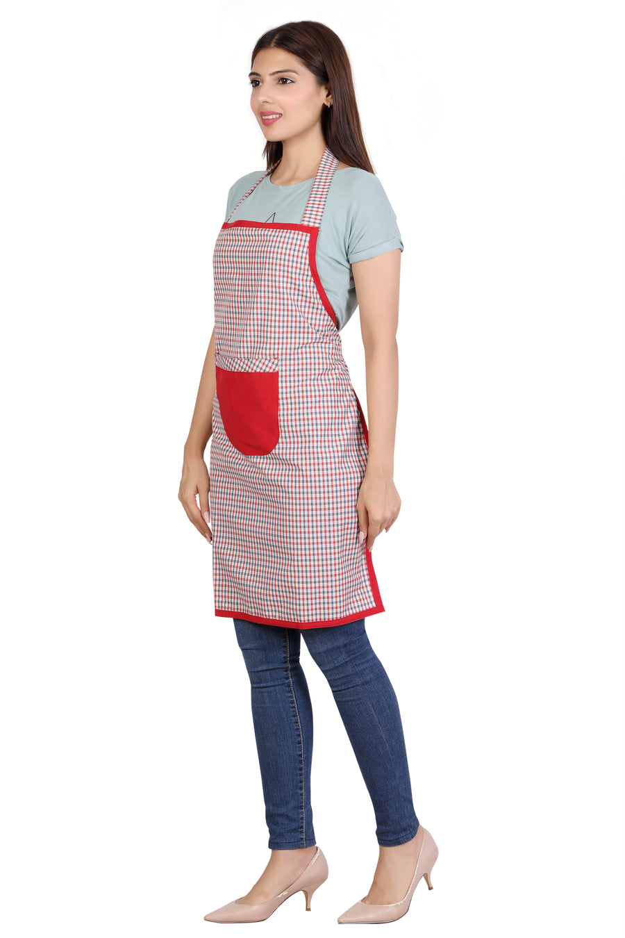 Full Kitchen Apron – Red Checks - Left Sleeve