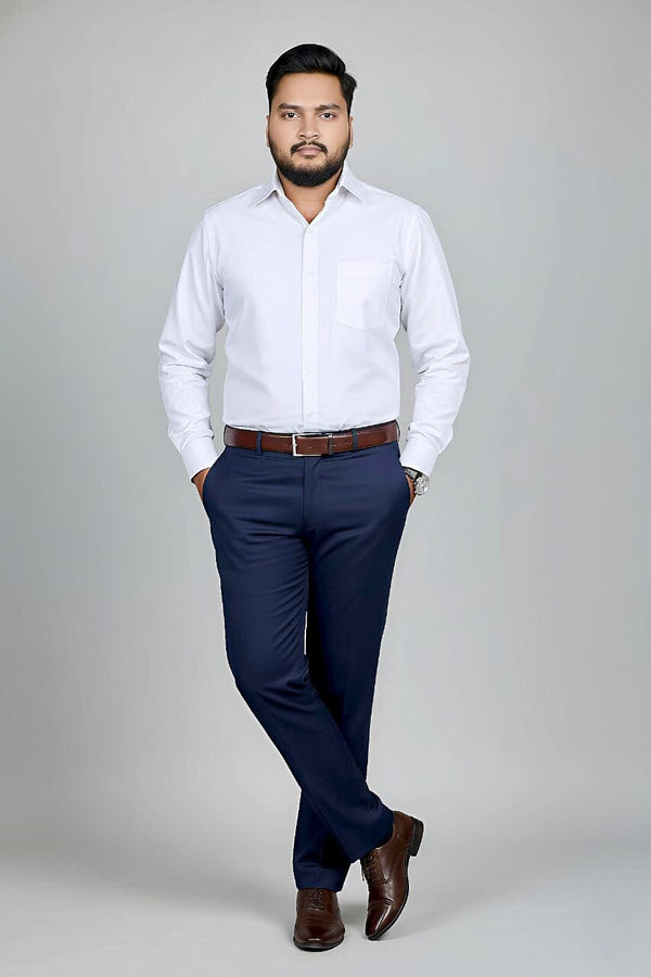 Men's 100% cotton twill formal shirt in white by Mafatlal Trendz, front view