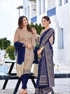 Women's Nova Silk uniform saree and suit pair - Beige & Navy (D.No 6006)