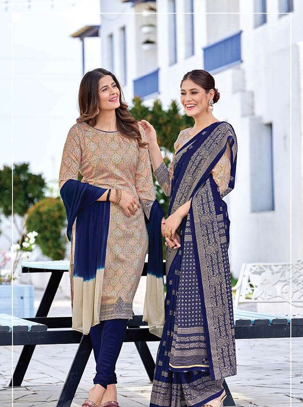 Women's Nova Silk uniform saree and suit pair - Beige & Navy (D.No 6006)