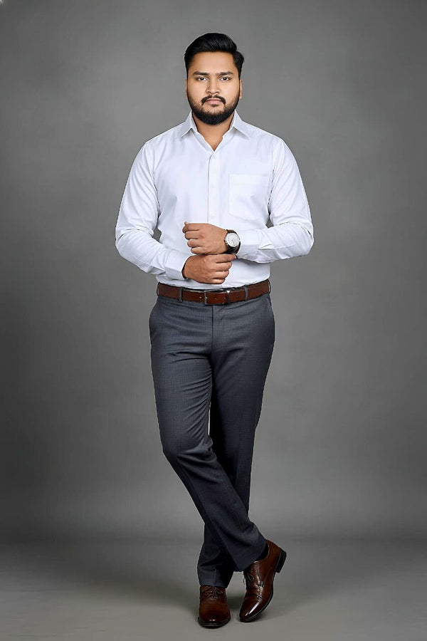 Men's fil-a-fil formal shirt in white by Mafatlal Trendz, front view
