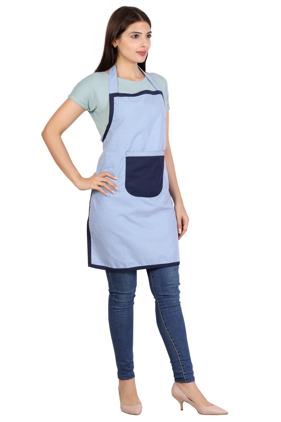 Full Kitchen Apron – Sky Blue Checks - Back