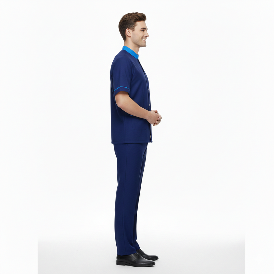 Half Sleeve Waiter Uniform – Navy Blue & Sky Blue - Left Sleeve