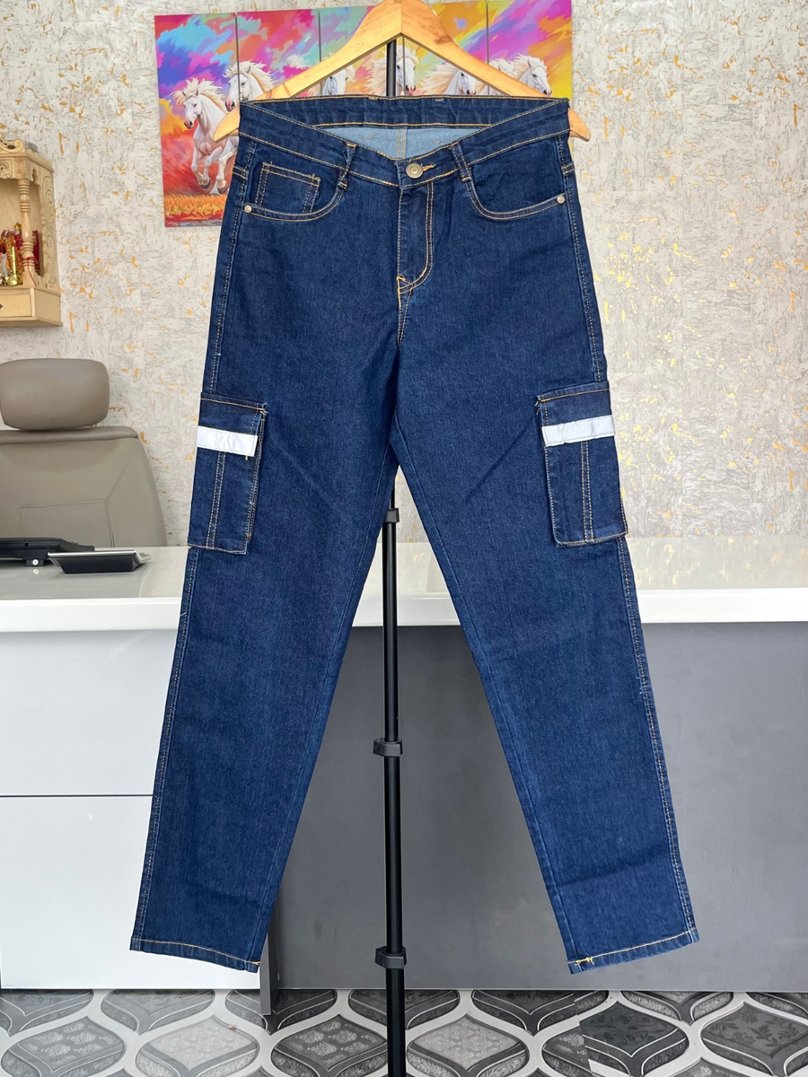 Men's Cargo Denim Jeans – Mid Blue - Front