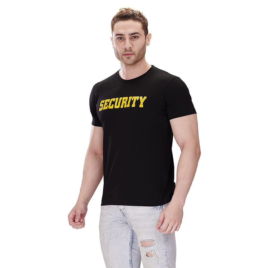 Security Round Neck T-Shirt – Black (Yellow Print) - Left Sleeve