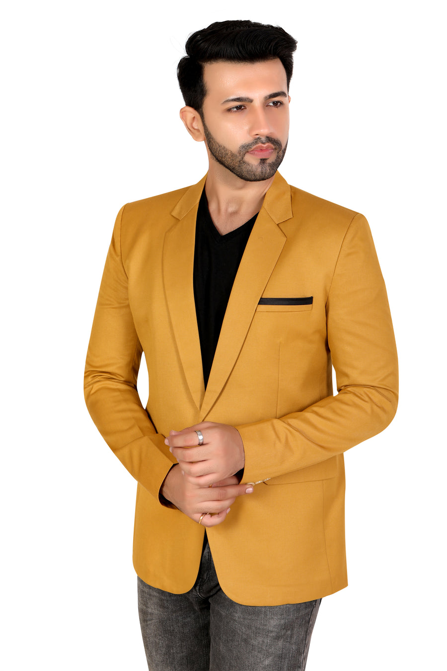 Men's Slim Fit TR Blazer – Mustard Yellow - Left Sleeve
