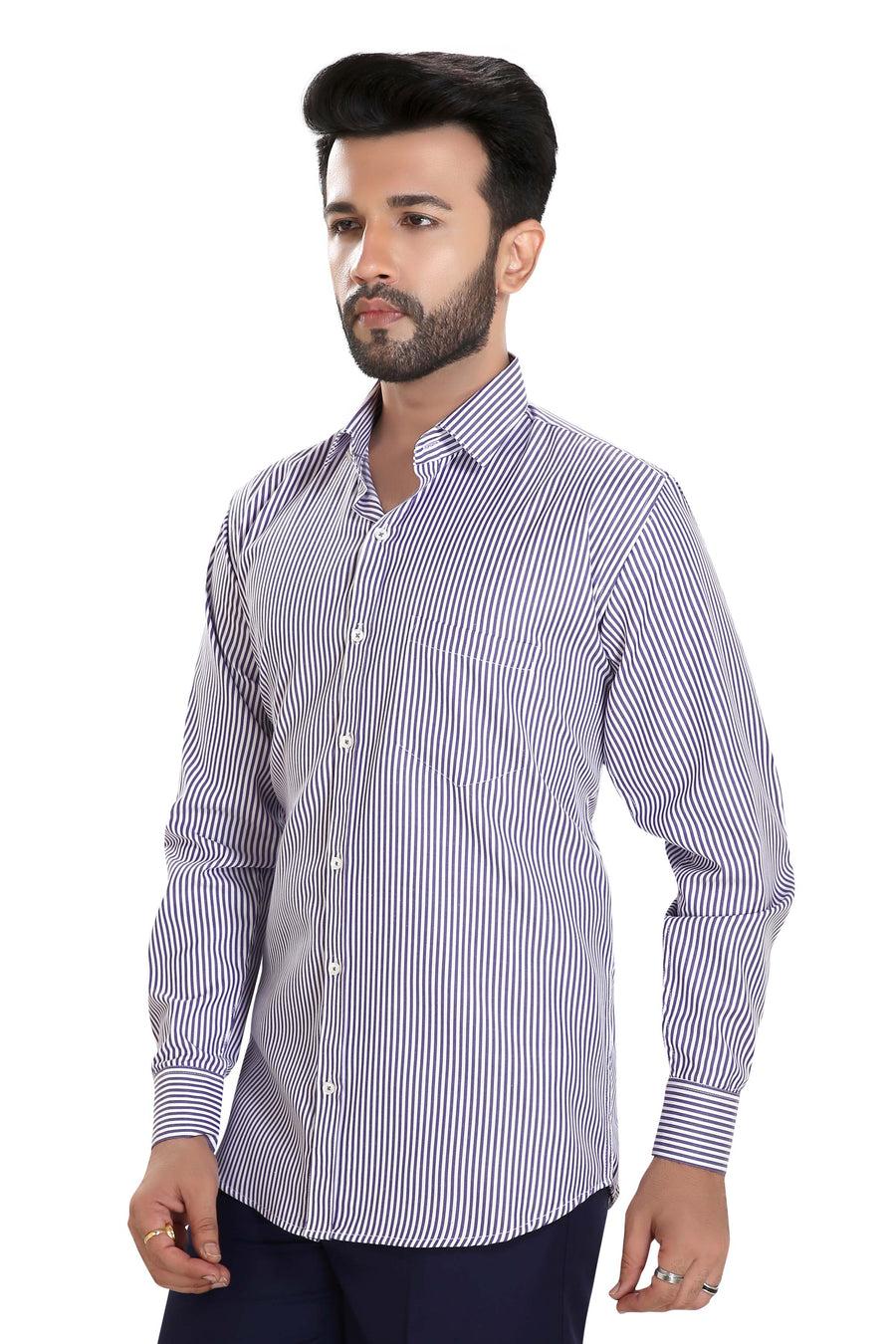 Men's Striped Formal Shirt – Purple - Left Sleeve