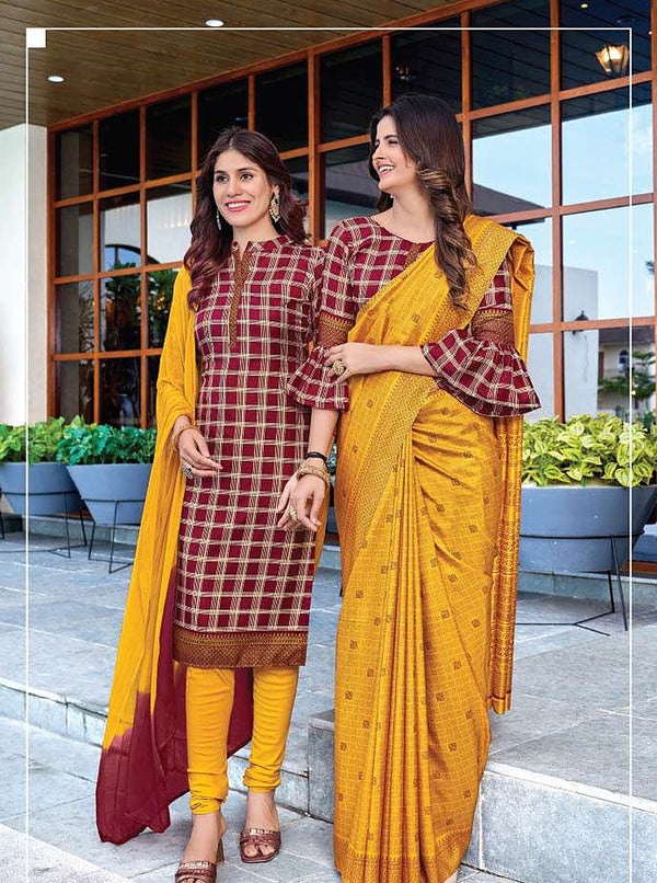 Women's Nova Silk uniform saree and suit pair - Maroon Check & Mustard (D.No 6010)