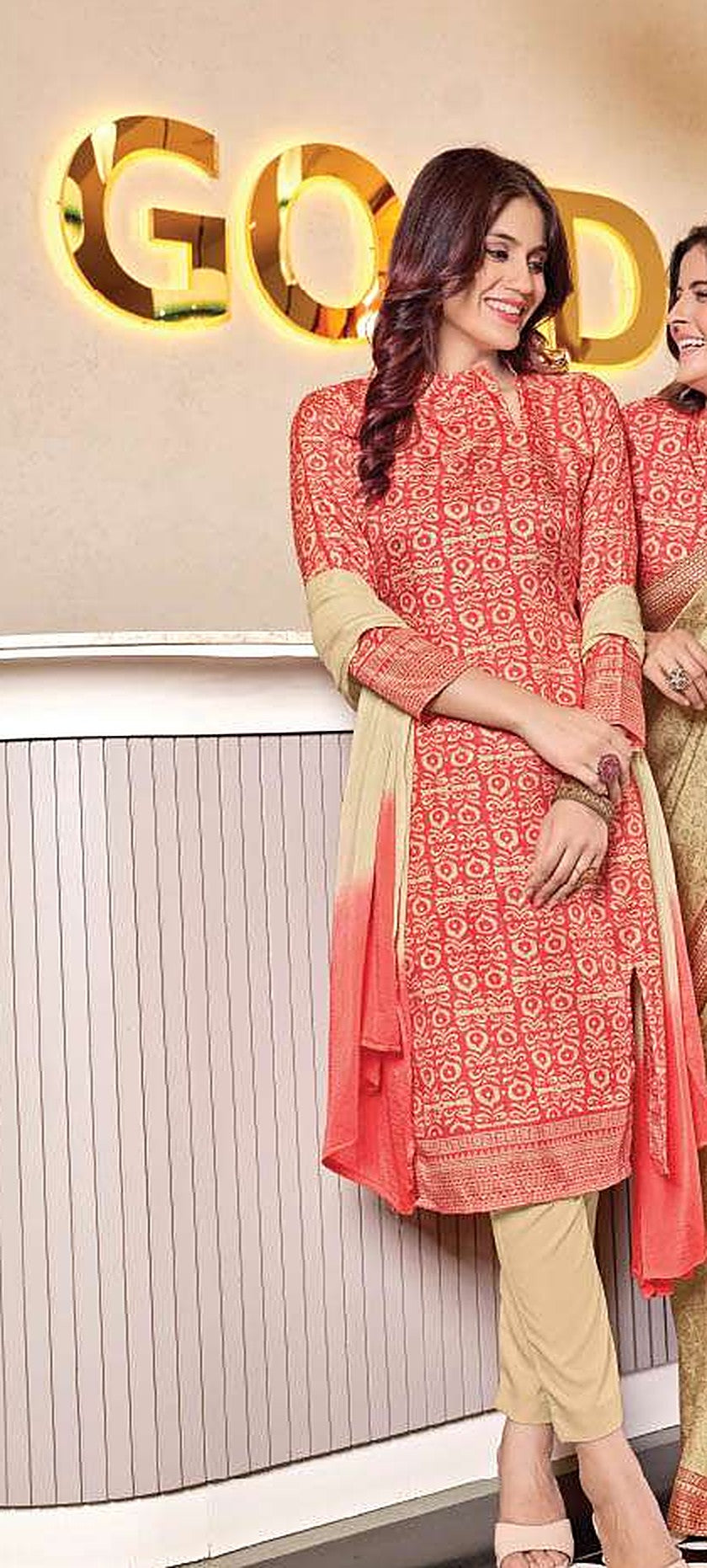Women's Nova Silk Uniform Saree & Suit – Coral & Beige - Left Sleeve