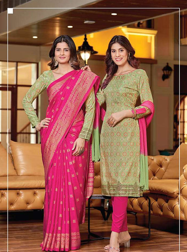 Women's Nova Silk uniform saree and suit pair - Pista Green & Rani Pink (D.No 6005)