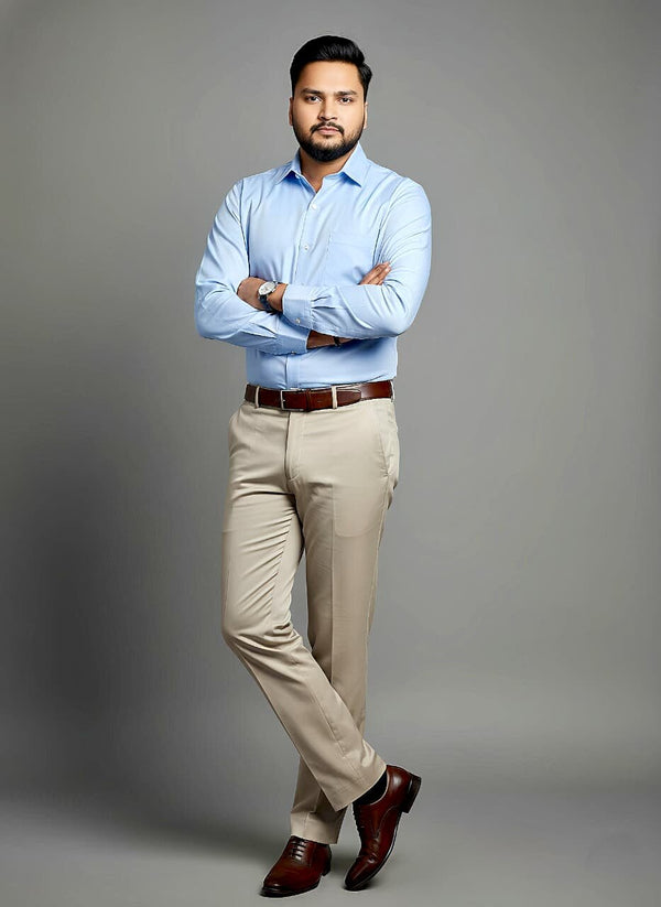 Men's anti-stain formal shirt in surf blue by Mafatlal Trendz, front view