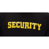 Close-up of yellow SECURITY chest print on black T-shirt
