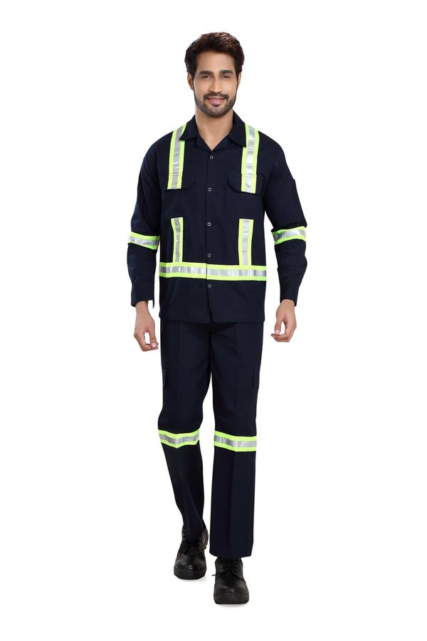 Boiler Pant Shirt Set – Navy Blue, Green Reflective Tape – front