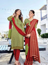 Women's Nova Silk uniform saree and suit pair - Olive Green & Red (D.No 6007)